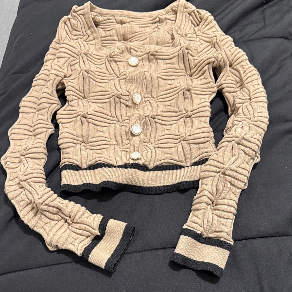 Textured Tan Sweater with Black Accents